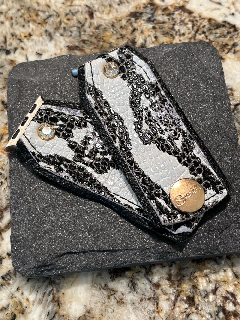 Snake-Embossed Black & White Leather Watch Band Adapter